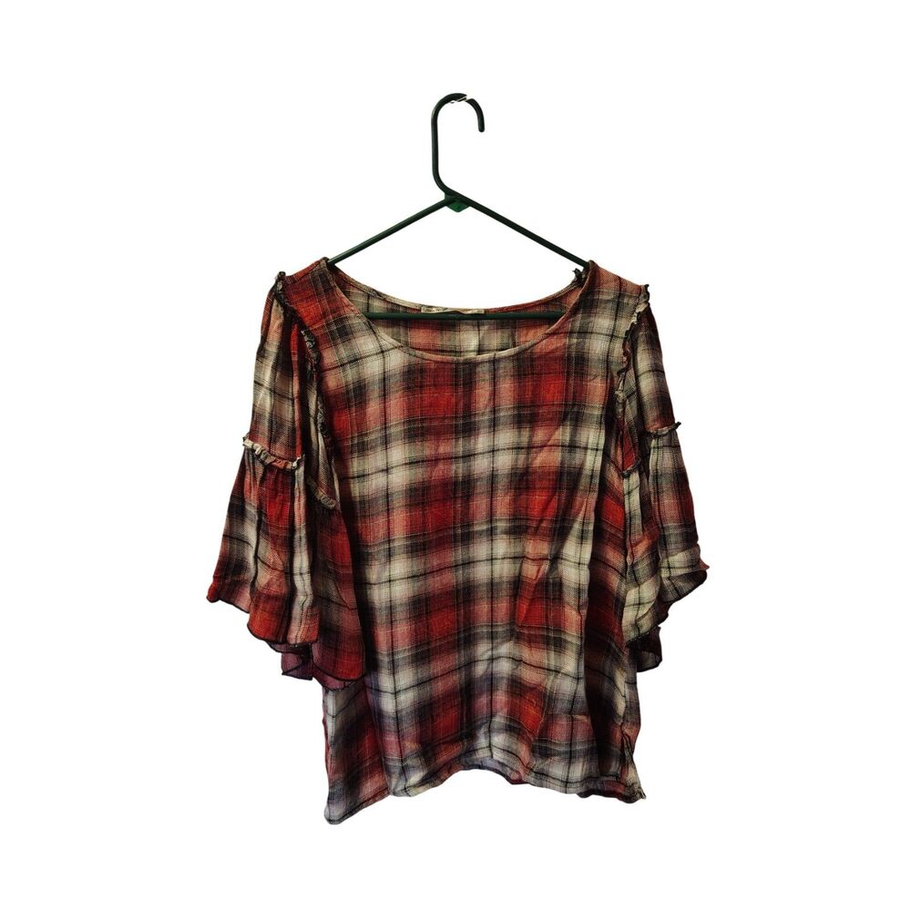 Melissa McCarthy Seven7 Women's Red‎ Plaid Large 3/4 Balloon Sleeve Top